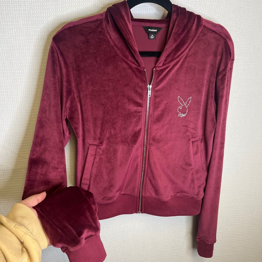 Playboy Womens Burgundy Velour Rhinestone Zip Up Hoodie Jacket Size Medium